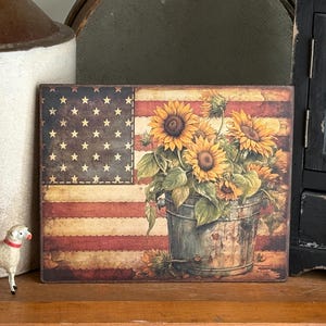 Handmade American Flag with Sunflowers Independence Day Patriotic Primitive Vintage 4th of July Americana Print on Canvas Board 8x10