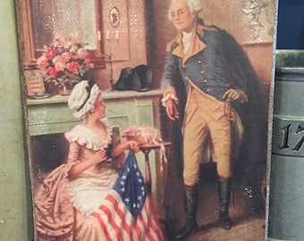 Handmade Independence Day Antique Reproduction Colonial Primitive Patriotic Betsy Ross & George Washington Print on Canvas Board 5x7"