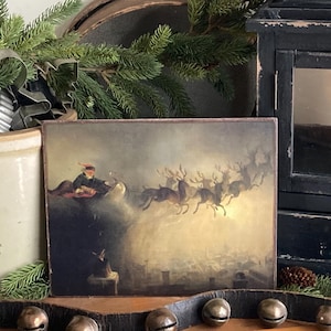 Christmas Santa Sleigh Reindeer Dropping Toys in Chimney Primitive Antique Reproduction Vintage Handmade Print on Canvas Panel 5x7" or 8x10”