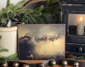 Christmas Santa Sleigh Reindeer Dropping Toys in Chimney Primitive Antique Reproduction Vintage Handmade Print on Canvas Panel 5x7" or 8x10”