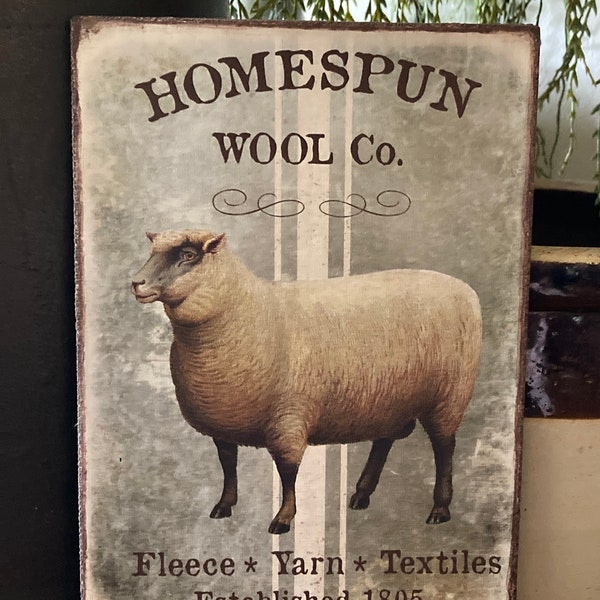 Handmade Sheep Homespun Wool Farmhouse Sign Primitive Folk Art Sheep Print on Canvas Board 5x7" or 8x10"