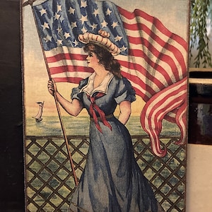 Handmade Lady Flag Sea Independence Day Primitive Vintage 4th of July Americana Print on Canvas Board 5x7&quot;