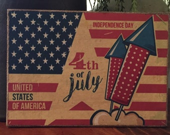 Handmade Independence Day Antique Reproduction Primitive Vintage 4th of July American Flag, Fireworks Rocket Print on Canvas Board 5x7"