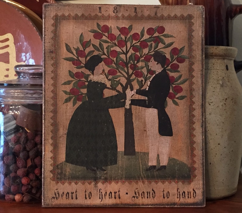 Handmade Primitive Colonial Folk Art Valentines Day Man and Woman Heart to Heart, Hand to Hand Print on Canvas Board 8x10 image 3