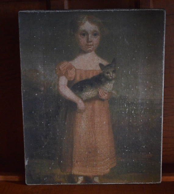 Antique Reproduction Primitive Folk Art Girl w Sheep Print on Canvas Board 8x10/"