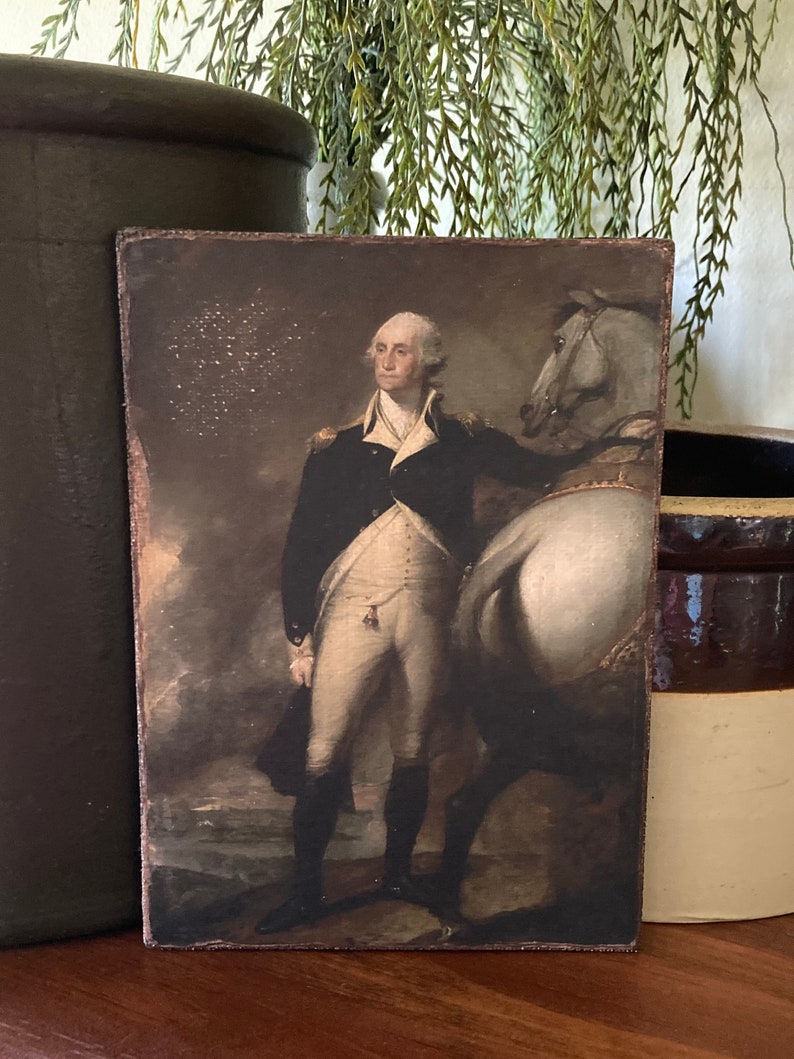 Handmade George Washington with Horse Independence Day Antique Reproduction Colonial Primitive Patriotic Print on Canvas Board 5x7 画像 1