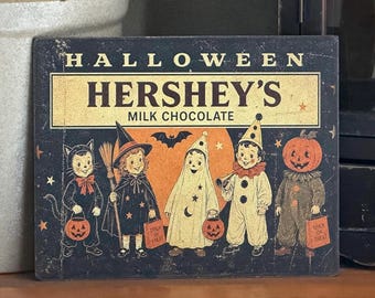 Vintage Halloween Hershey Trick or Treat Children Costumes Witch Cat Ghost Primitive Handmade Fall  Print on Canvas Panel 5x7” or 8x10”