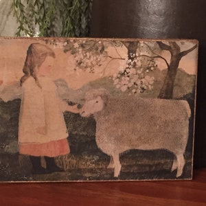 Handmade Antique Reproduction Primitive Folk Art Girl with Sheep Print on Canvas Board 5x7" or 8x10"