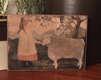 Handmade Antique Reproduction Primitive Folk Art Girl with Sheep Print on Canvas Board 5x7" or 8x10"
