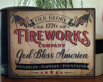 Handmade Old Glory 1776 Fireworks God Bless America Independence Day Patriotic Primitive 4th of July Print on Canvas Board 5x7 or 8x10"