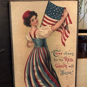 Handmade Lady Flag Independence Day Primitive Vintage 4th of July Americana Print on Canvas Board 5x7"