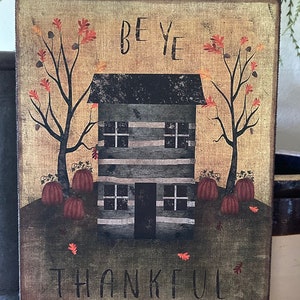 Handmade Primitive Folkart House Pumpkin Thanksgiving Fall Print on Canvas Board 5x7" or 8x10"