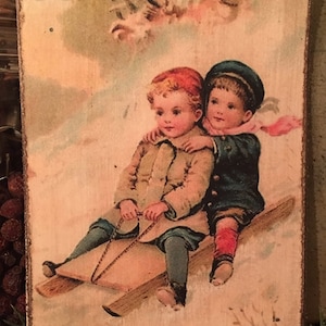 Victorian Children Sledding Primitive Handmade Antique Reproduction Christmas Winter Vintage Print on Canvas Panel 5x7&quot;