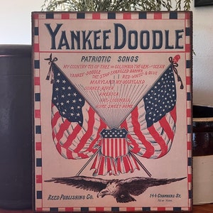 Handmade Independence Day Primitive  Vintage 4th of July Yankee Doodle Patriotic Songs Flag Eagle  Americana Print on Canvas Board 8x10&quot;