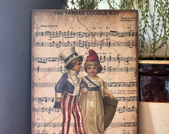 Handmade Independence Day Primitive 4th of July The Yankee Doodle Boy Sheet Music with Patriotic Boy and Girl Print on Canvas Board 5x7"
