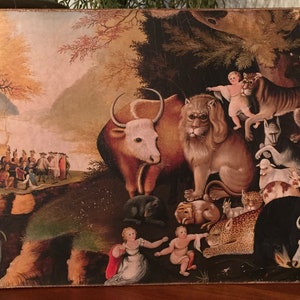 Handmade Antique Repro Folk Art Primitive Peaceable Kingdom Animals, Native Americans, and Colonists Print on Canvas Board 5x7" or 8x10"