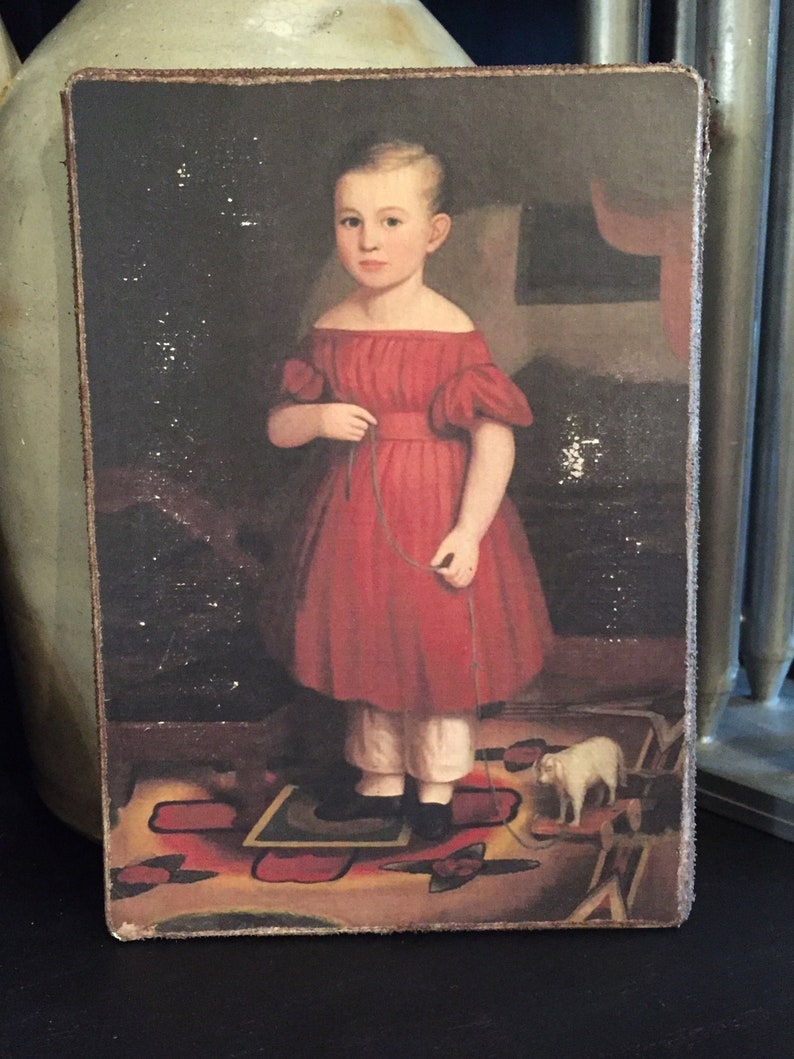 Handmade Girl in Red Dress with Pull Toy Antique Reproduction Primitive Folk Art Colonial Print on Canvas Board 5x7 or 5x10 image 1