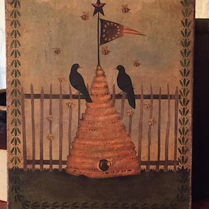 Handmade Primitive Independence Day 4th of July American Flag Crows Bee Skep Print on Canvas Board 8x10&quot;
