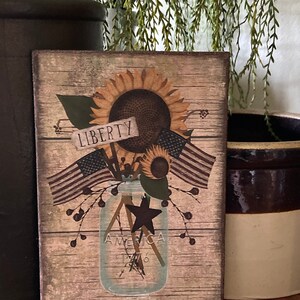 Handmade Primitive Sunflower American Flag Liberty Folk Art  Patriotic 4th of July Independence Day Print on Canvas Board 5x7"