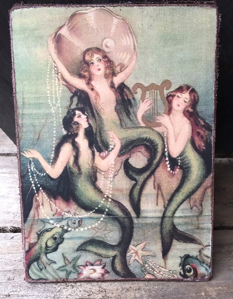 Handmade Antique Reproduction Mermaids & Pearl in the Sea on Canvas ...
