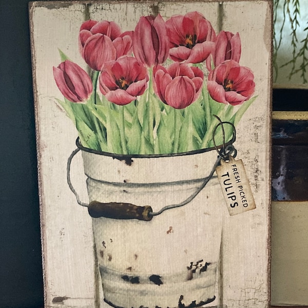 Handmade Primitive  Farmhouse Spring Tulips in Bucket Print on Canvas Board 5x7" or 8x10"
