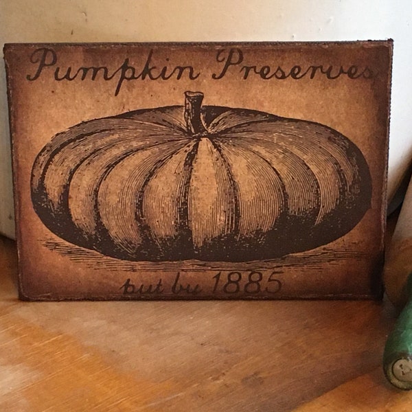 Handmade Primitive Folk Art Fall Pumpkin Preserves 1885 Print on Canvas Board 5x7" or 8x10"