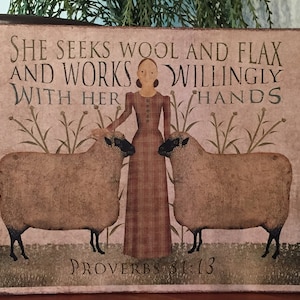 Primitive Folk Art Woman with Sheep Proverbs 31:13 Beth Albert Print on Canvas Board 5x7" or 8x10"