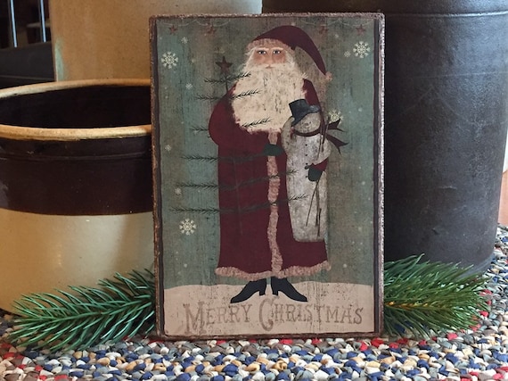 Primitive Distressed Christmas Winter Snowman Let it Snow Folk Art PRINT 8x10