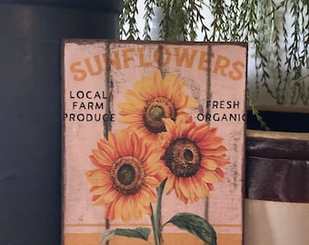 Handmade Summer Sunflower Farmhouse Sign Primitive Vintage Print on Canvas Board 5x7&quot; or 8x10&quot;