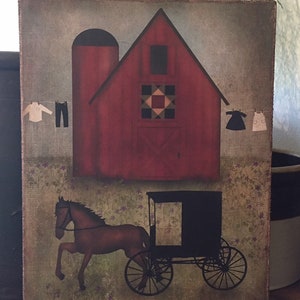 Primitive Folk Art  Amish Barn with Buggy and Horse Print on Canvas Board 8x10&quot;