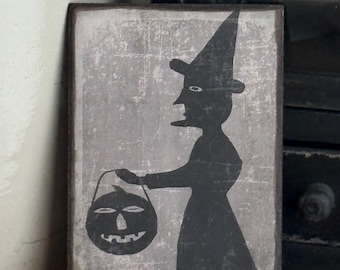 Handmade Primitive Halloween Witch silhouette pumpkin jack o lantern Fall Autumn Vintage Print on Canvas Board 5x7"
