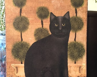 Primitive Folk Art Black Cat with Topiary Beth Albert Print on Canvas Board 5x7" or 8x10"