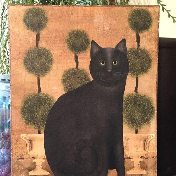 Primitive Folk Art Black Cat with Topiary Beth Albert Print on Canvas Board 5x7" or 8x10"