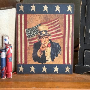 Handmade Uncle Sam American Flag Independence Day Patriotic Primitive Vintage 4th of July Americana Print on Canvas Board 8x10