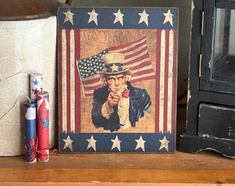 Handmade Uncle Sam American Flag Independence Day Patriotic Primitive Vintage 4th of July Americana Print on Canvas Board 8x10