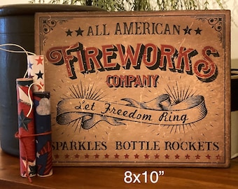 Handmade Independence Day Patriotic Primitive 4th of July American Fireworks Americana Print on Canvas Board 5x7 or 8x10"