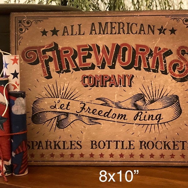 Handmade Independence Day Patriotic Primitive 4th of July American Fireworks Americana Print on Canvas Board 5x7 or 8x10"