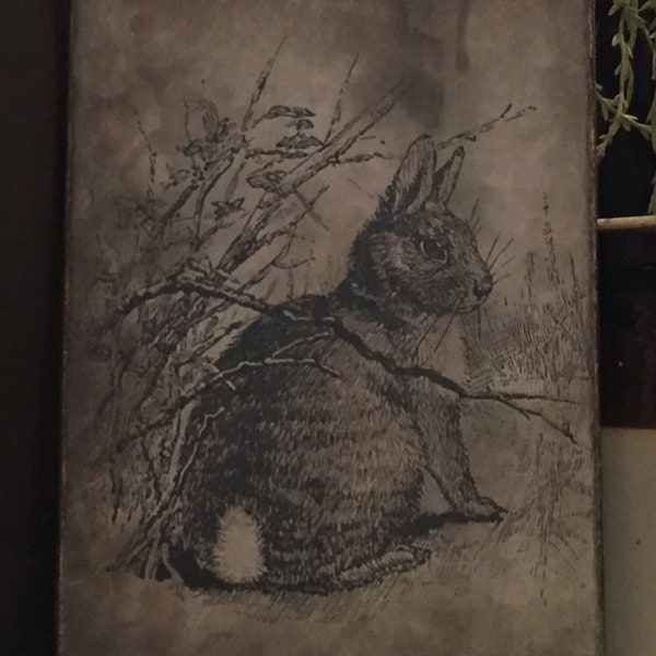 Handmade Primitive Folk Art Easter Rabbit Print on Canvas Board 5x7" or 8x10"