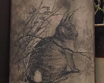 May include: A vintage-style illustration of a rabbit sitting in a field of tall grass. The image is printed on a textured, brown background.