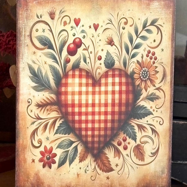 Handmade Primitive Valentines Day Plaid Heart Flowers Folk Art Print on Canvas Board 8x10" or 5x7"