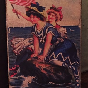 Handmade Independence Day Antique Reproduction Primitive 4th of July Victorian Ladies with American Flag Print on Canvas Board 5x7&quot;