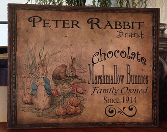 Handmade Primitive Folk Art Easter Peter Rabbit Chocolate Marshmallow Bunnies Vintage Style Print on Canvas Board 5x7" or 8x10"