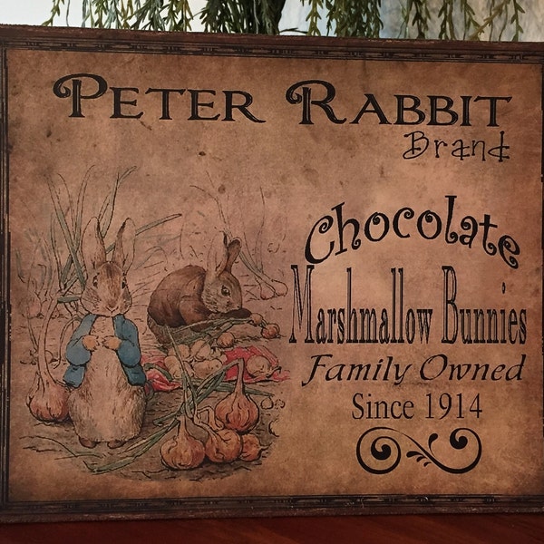 Handmade Primitive Folk Art Easter Peter Rabbit Chocolate Marshmallow Bunnies Vintage Style Print on Canvas Board 5x7" or 8x10"