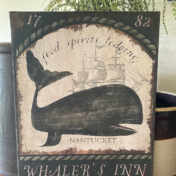 Handmade Primitive Folk Art Whaler's Inn 1782 Nautical  Print on Canvas Board 8x10"