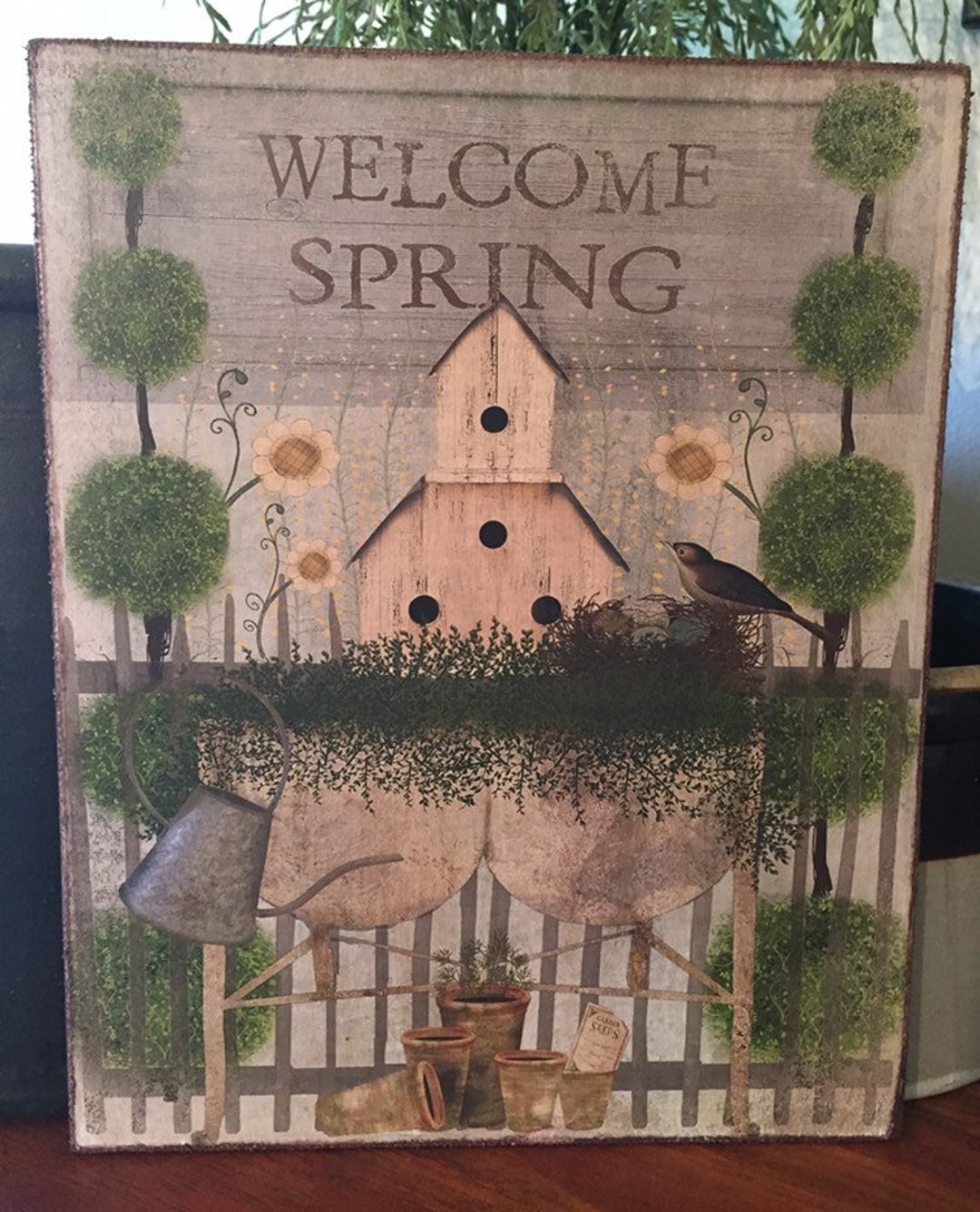 Spring Pics Primitive Primitive Folk Art Welcome Spring Bird on Nest, Gardening, Topiary ...