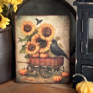 Primitive Wagon Sunflowers Crow Pumpkin Fall Harvest Autumn Halloween Handmade Print on Canvas Board 5x7" or 8x10"
