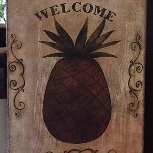 Handmade Primitive Folk Art Welcome Pineapple Print on Canvas Board 5x7" or 8x10"