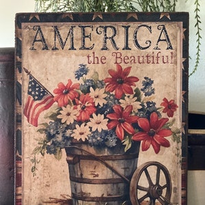 Handmade Flowers Flag Bucket Independence Day Patriotic Primitive Vintage 4th of July Americana Print on Canvas Board 5x7 or 8x10&quot;