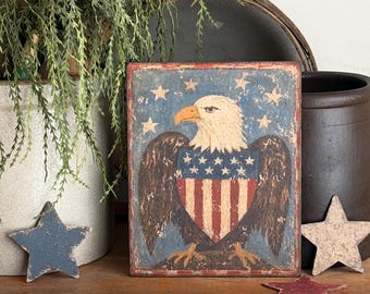 Handmade American Bald Eagle Flag Shield Independence Day Patriotic Primitive Folkart Vintage 4th of July Print on Canvas Board 5x7 or 8x10"