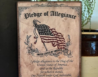 Handmade Independence Day Patriotic Primitive 4th of July USA Pledge of Allegiance Flag Print on Canvas Board 5x7 or 8x10"